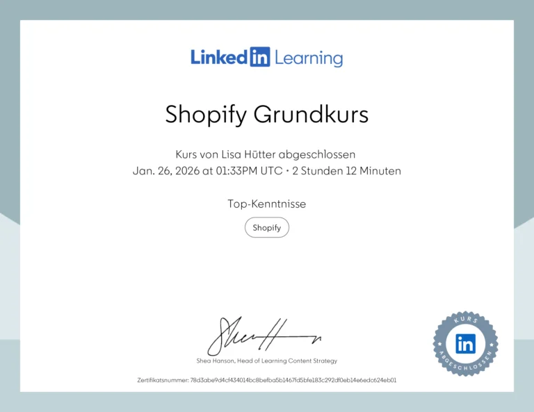 Abschlusszertifikat für einen Shopify Grundkurs