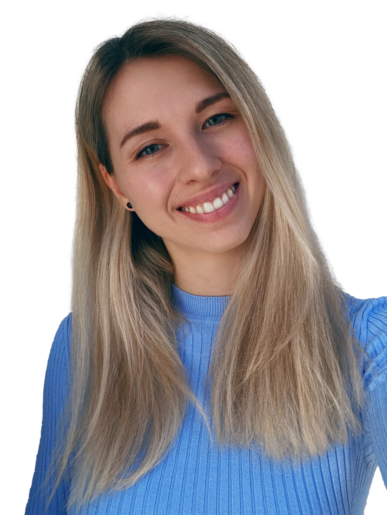 Porträt einer blonden Frau, Lisa Hütter, diplomierte Designerin in den Bereichen Mediendesign und Webdesign